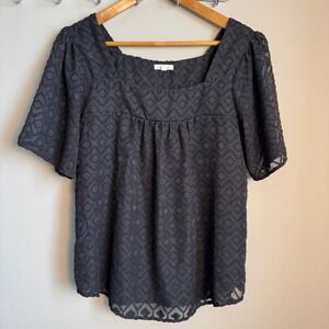 Ava James Sheer Overlay Square Neck Textured Blouse Black Small Whimsigoth